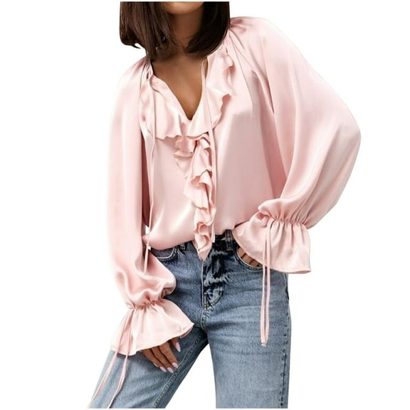 V Neck Blouses for Women Flowy Ruffle Tie Long Sleeve Fall Shirts Party Ladies Elegant Dressy Evening Casual Tops Pink L