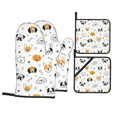 

Oven Mitts and Pot Holders 4 pcs Set Dog Puppy Heat Resistant Pot Holders Oven Mitts for kitchen Non-Slip Hanging Loop Oven Glove Potholders for Baking Cooking