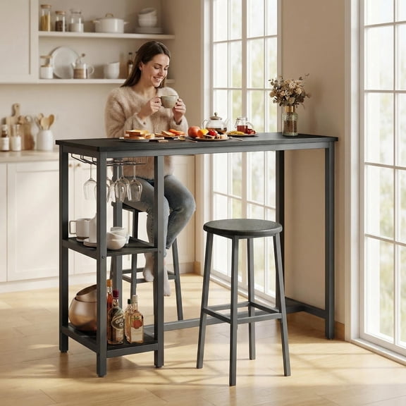Lofka 3-Piece Bar Table Set for 2, Counter Height Pub Table with 2 Stools, Black with Storage Shelves & Wine Rack