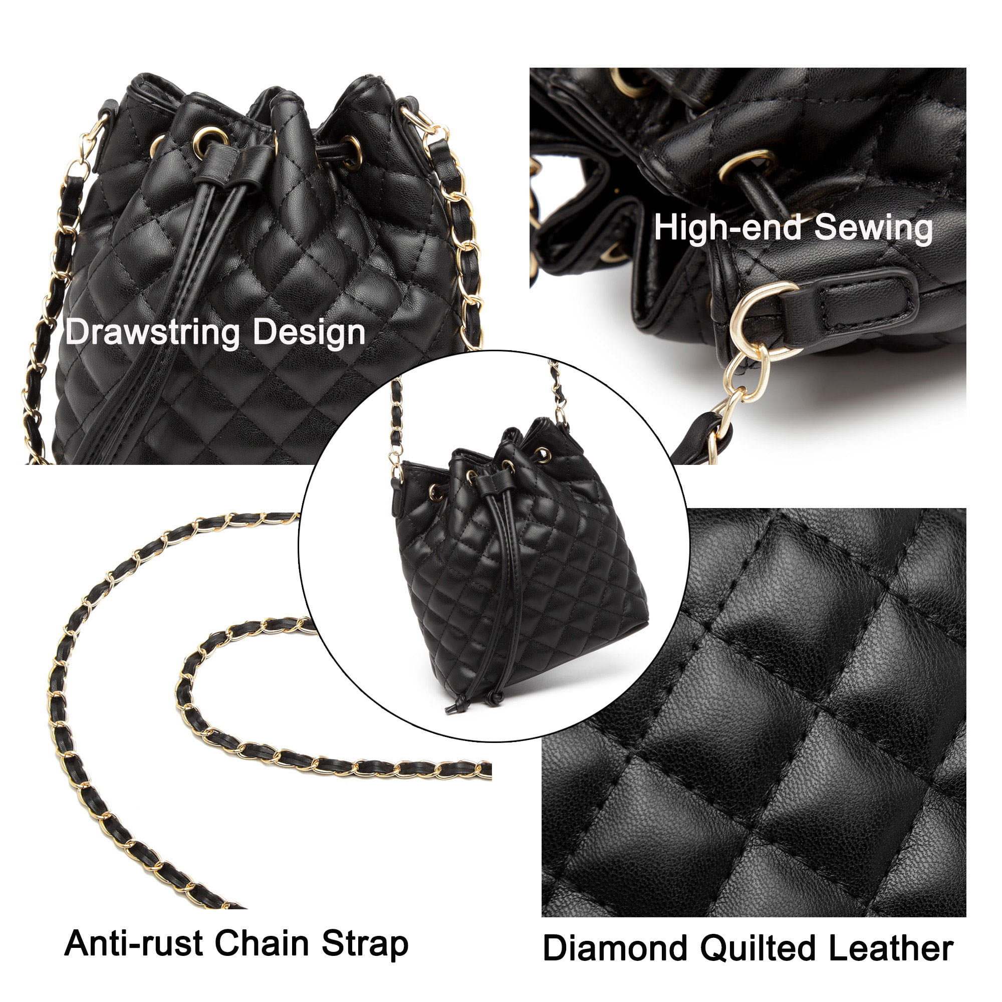 Drawstring Diamond Quilted Bucket Bag