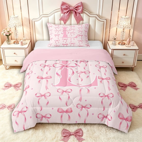 Manfei Cartoon Bow Letter L Monogrammed Twin Comforter Sets 3-Piece for Girls Teens,Polka Dots Cute Alphabet Bedding Set for Kids,Pink Reversible,Breathable Home Decor