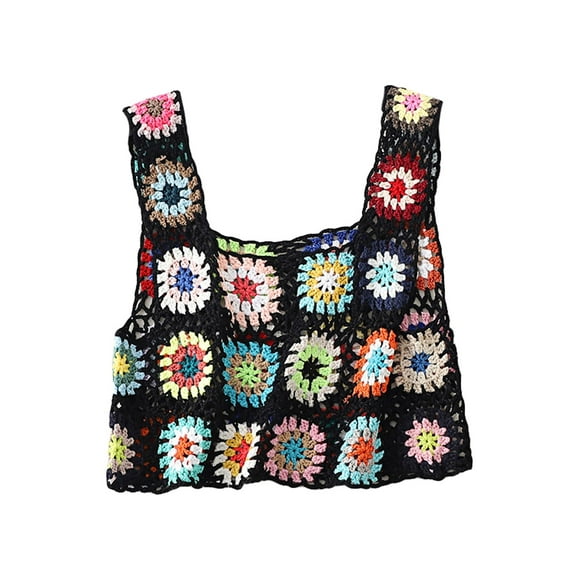 Bebiullo Summer Women Crochet Floral Embroidery Crop Tank Vest Sleeveless Patchwork Hollow Out Openwork Crop Top Black One Size