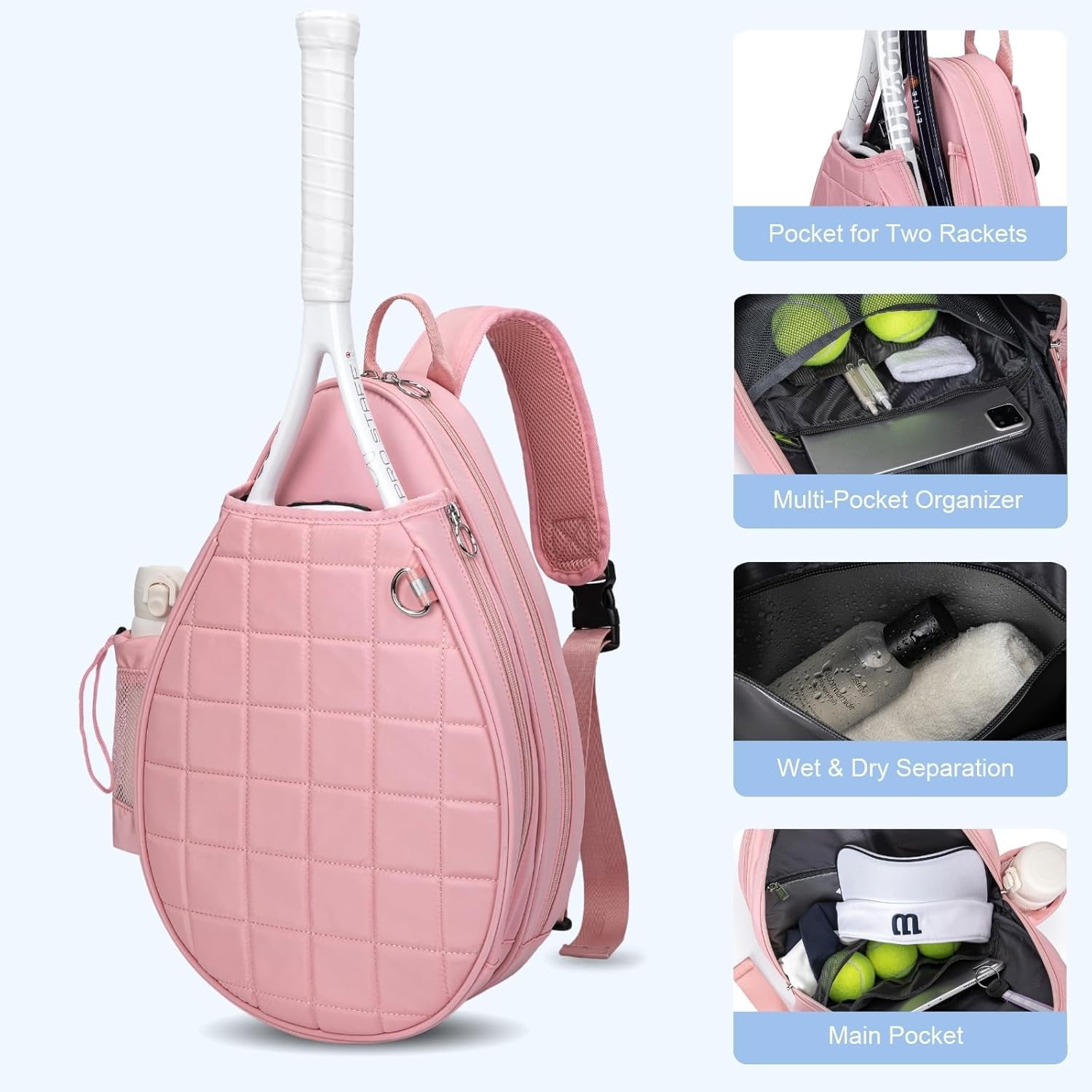 Quilted Tennis Backpack for 2 Rackets, Slim & Lightweight Waterproof Sling Bag for Tennis, Pickleball, Padel, Crossbody Sport Bag for Men & Women