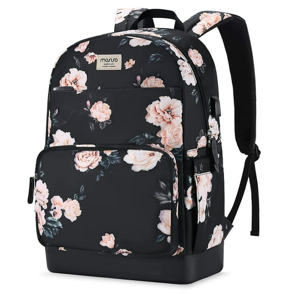 Mosiso 15.6 16 inch Laptop Backpack for Women Girls Business College School Travel Casual Daypack Bag with Luggage Strap & USB Charging Port, Black Camellia