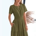 thumbnail image 4 of ZEHJUHAN Women's Solid Color V-Neck Short Sleeve Maxi Dress with Elastic Waist A-Line Ruffle Hem Summer Casual Dress Army Green，S, 4 of 6
