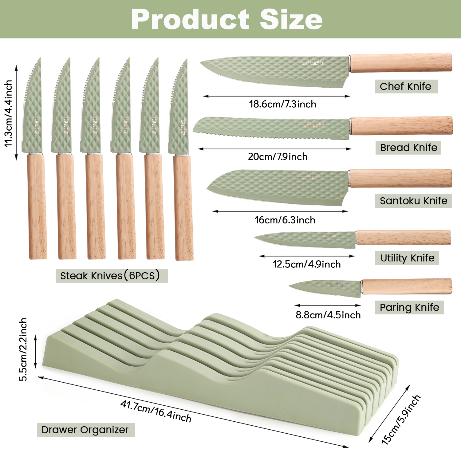 In-Drawer Kitchen Knife Set, 12 Pieces Knife Block Set with In-Drawer Knife Organizer, Sharp & Non-stick Stainless Steel Chef Knife Set, Kitchen Knives Set for Kitchen Home Apartment