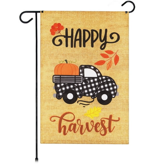 G128 Fall Garden Flag Double-Sided, Happy Harvest Pumpkin in Truck Bed Design, 12x18 in Burlap Polyester Outdoor Seasonal Decoration