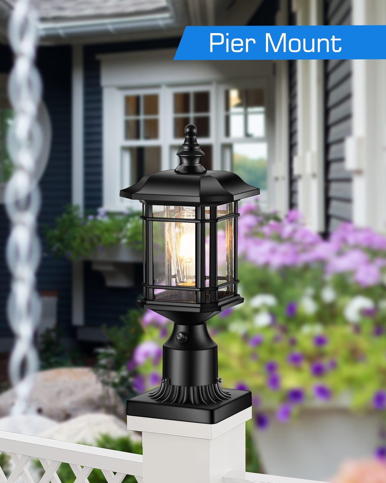Lantern with Pier Mount Base, Exterior Lamp Post Light Fixture for Patio, Garden, Waterproof, (Hardwired 120V, Not Solar)
