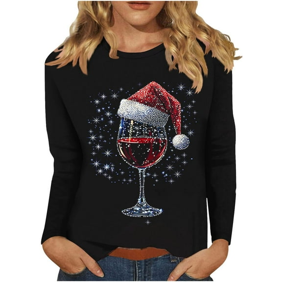 Women Christmas Shirt Red Wine Glass Print Shirts Crew Neck Pullover Tops Long Sleeve Merry Christmas Shirts Festival Outfits for Women