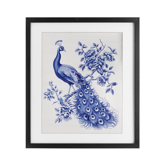 Vintage Peacock in Toile Style Black Framed Print Under Glass, design by Lettered and Lined