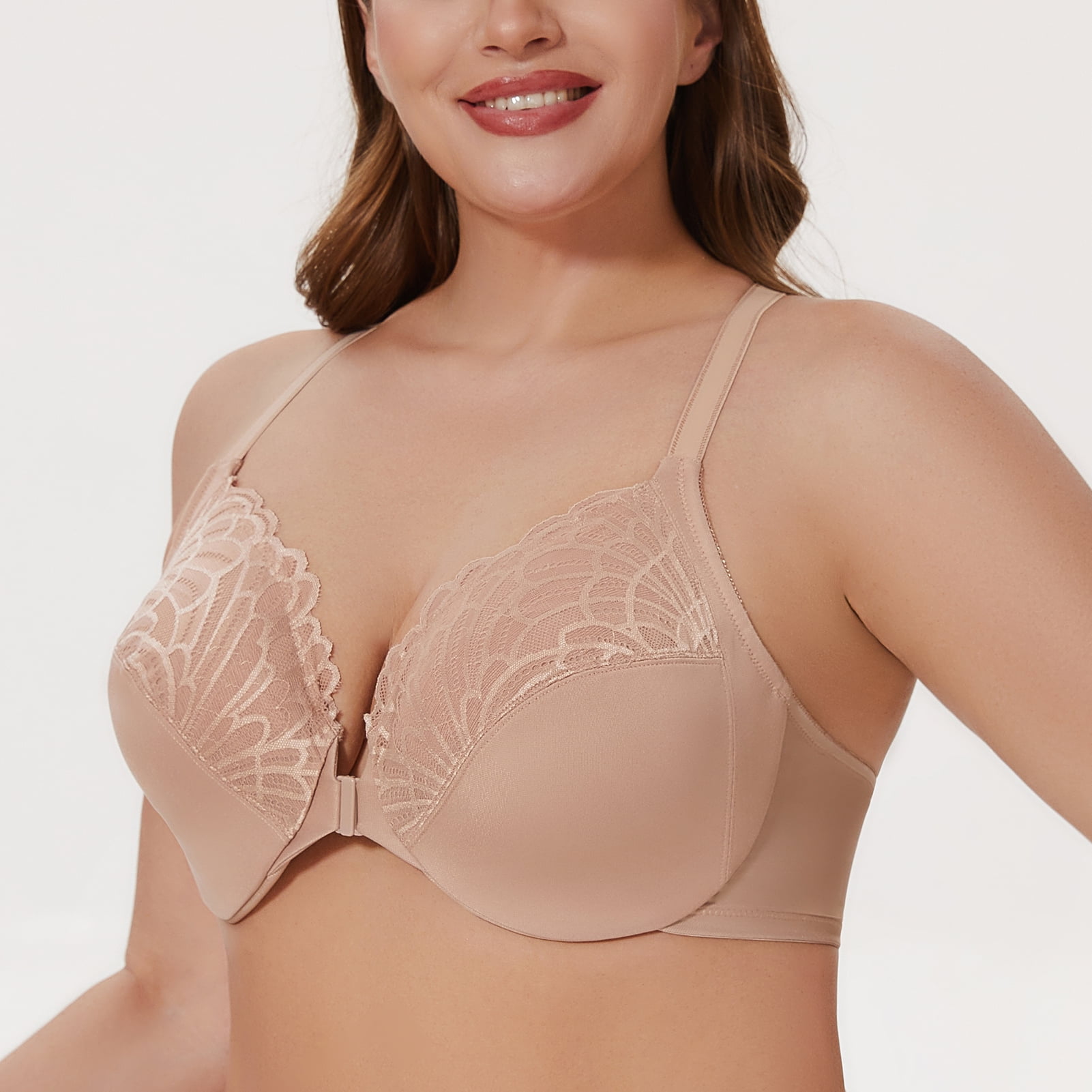 MELENECA Women's Racerback Front Closure Lace Unlined Plus Size Full Coverage Underwire Bra Beige 38D
