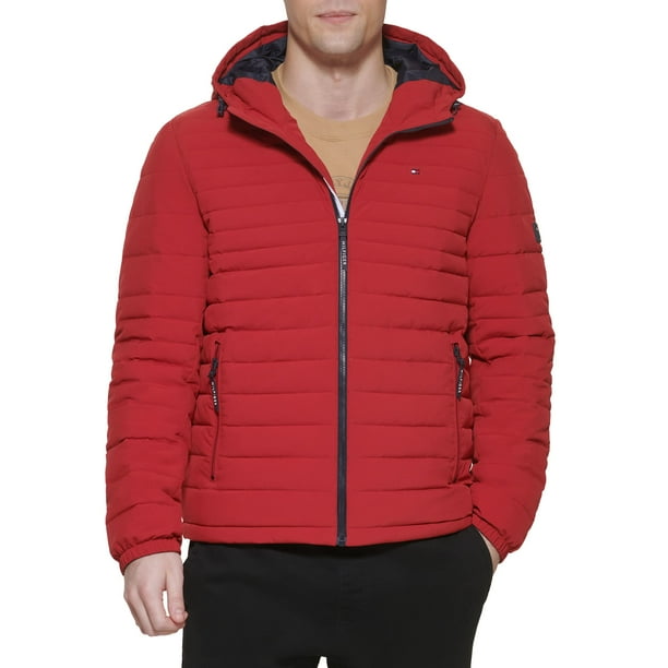 Chaqueta Tommy Hilfiger de poliéster elástico con capucha, plegable, roja, para hombre