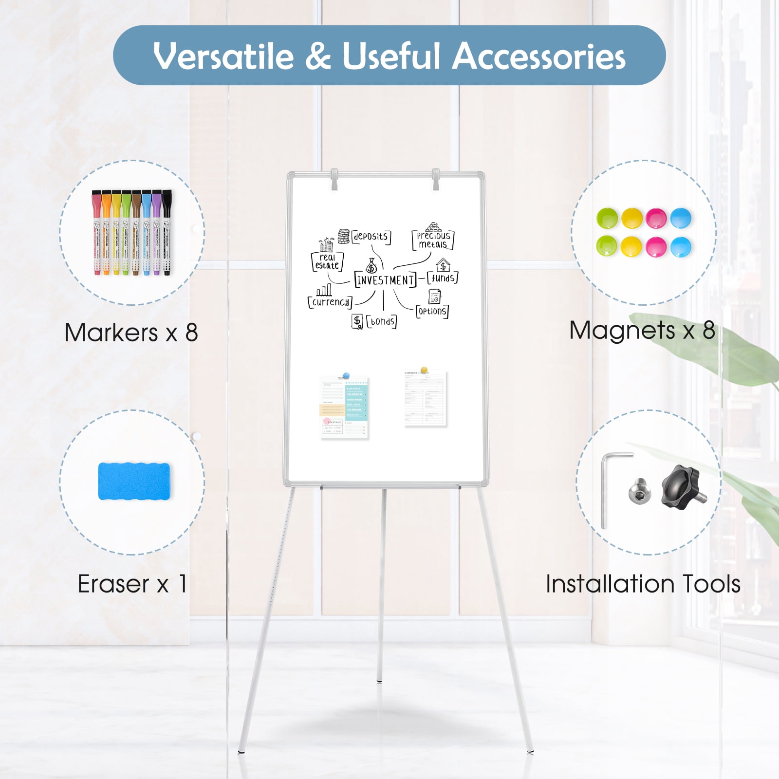 QUEENLINK Easel Whiteboard Magnetic Portable Dry Erase Whiteboard 36 x 24 Tripod Height Adjustable, Flipchart Easel Stand White Board for Office or Teaching at Home & Classroom, Sliver