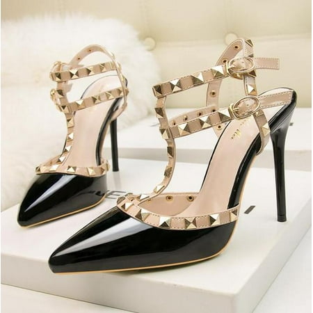 

Women s shoes Roman fashion rivet sandals 10CM PUMPS Sexy nightclub stiletto heels patent-leather metallic rivet hollow