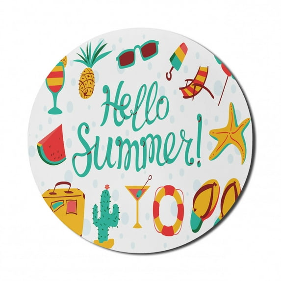 Hello Summer Mouse Pad for Computers, Summer Objects Starfish Watermelon Pineapple Cactus with Colorful Wording, Round Non-Slip Thick Rubber Modern Gaming Mousepad, 8" Round, Multicolor, by Ambesonne