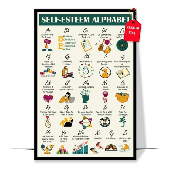 LOLUIS Self Esteem Coping Skills Alphabet Poster, Mental Health Posters, Self-Esteem Posters for Kids Teens (Unframed 11"x17")