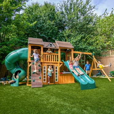 KidKraft Adventure Bend Wooden Swing Set / Playset with Slides, Rock Wall and Bench