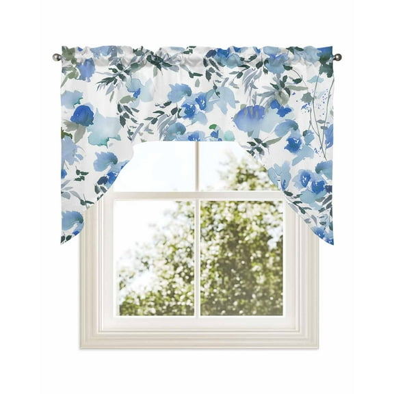 Blue Green Spring Floral Kitchen Curtains Swag Valance for Windows/Bathroom/Cafe, Watercolor Blooming Botanical Summer Rod Pocket Drape Panel Swag Curtains Valance for Bedroom/Living Room 56"x36"