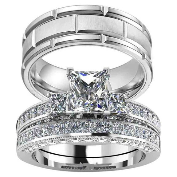 Matching Ring Couple Rings White Gold Plated 2CT CZ Women Wedding Ring Sets Female Ring