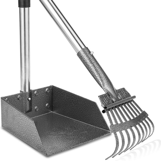Dogs Pooper Dog Scooper,Tray and Rake Set Poop Scooper for, Adjustable Long Handle Metal Pooper Scooper with Bin for Pet Waste Removal, No Bending Clean Up for Medium and Large Dogs