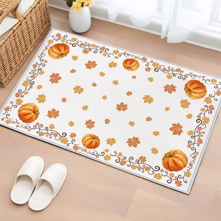 Area Rug 2x3ft Farmhouse Autumn Pumpkin Maple Leaf Washable Rugs for Living Room Bedroom Orange Board Soft Non-slip Area Rugs Rectangle Floor Carpet for Dining Room