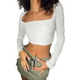 thumbnail image 4 of Douhoow Women Slim Crop Top Solid Color Long Sleeve Square Neck Bodycon Shirts Cut Out Pullover, 4 of 8