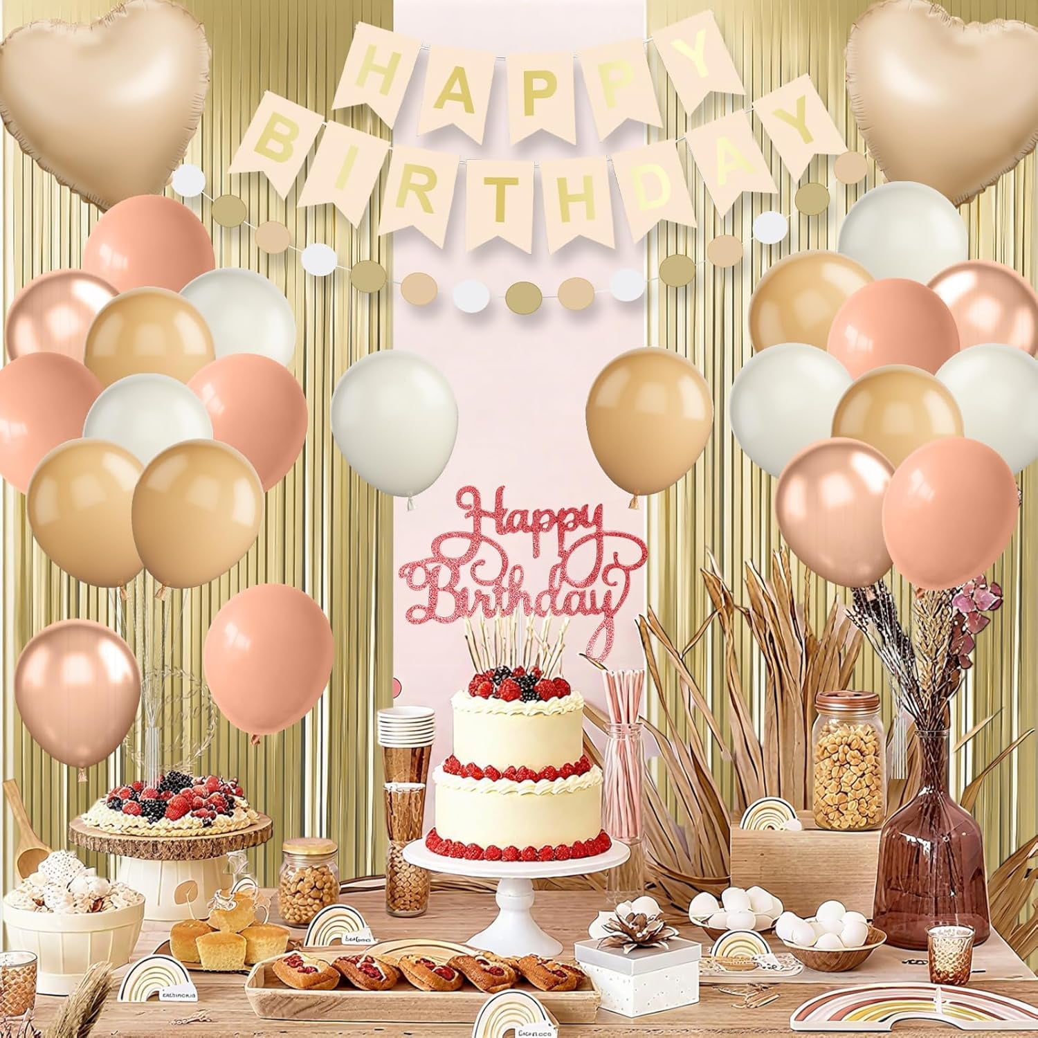 Beige Birthday Decorations,Happy Birthday Banner with Cream Nude Champagne Gold Balloon Heart Foil Balloons Fringe Curtain for Women Men  Baby Shower Party Decor
