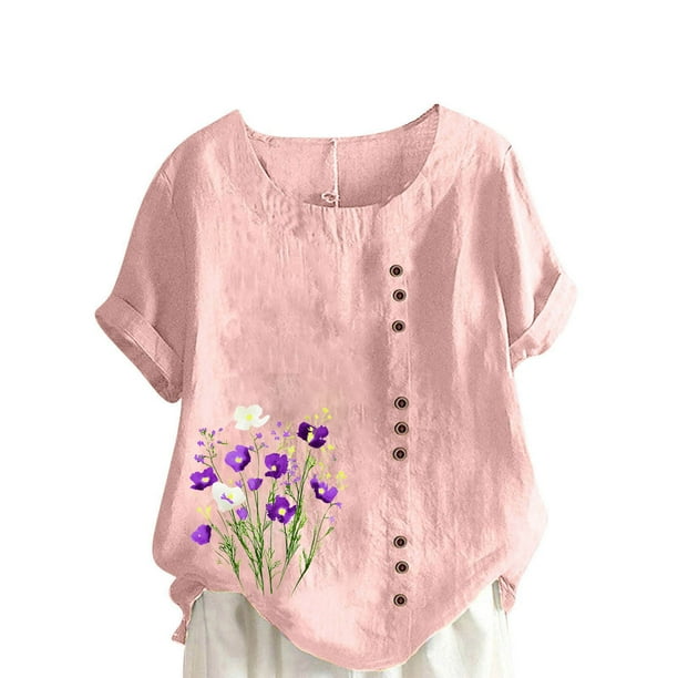 Vestidos Casuales Para Mujer, Blusas De Mujer De Moda Blusa informal de lino con cuello redondo, manga corta y botones para mujer