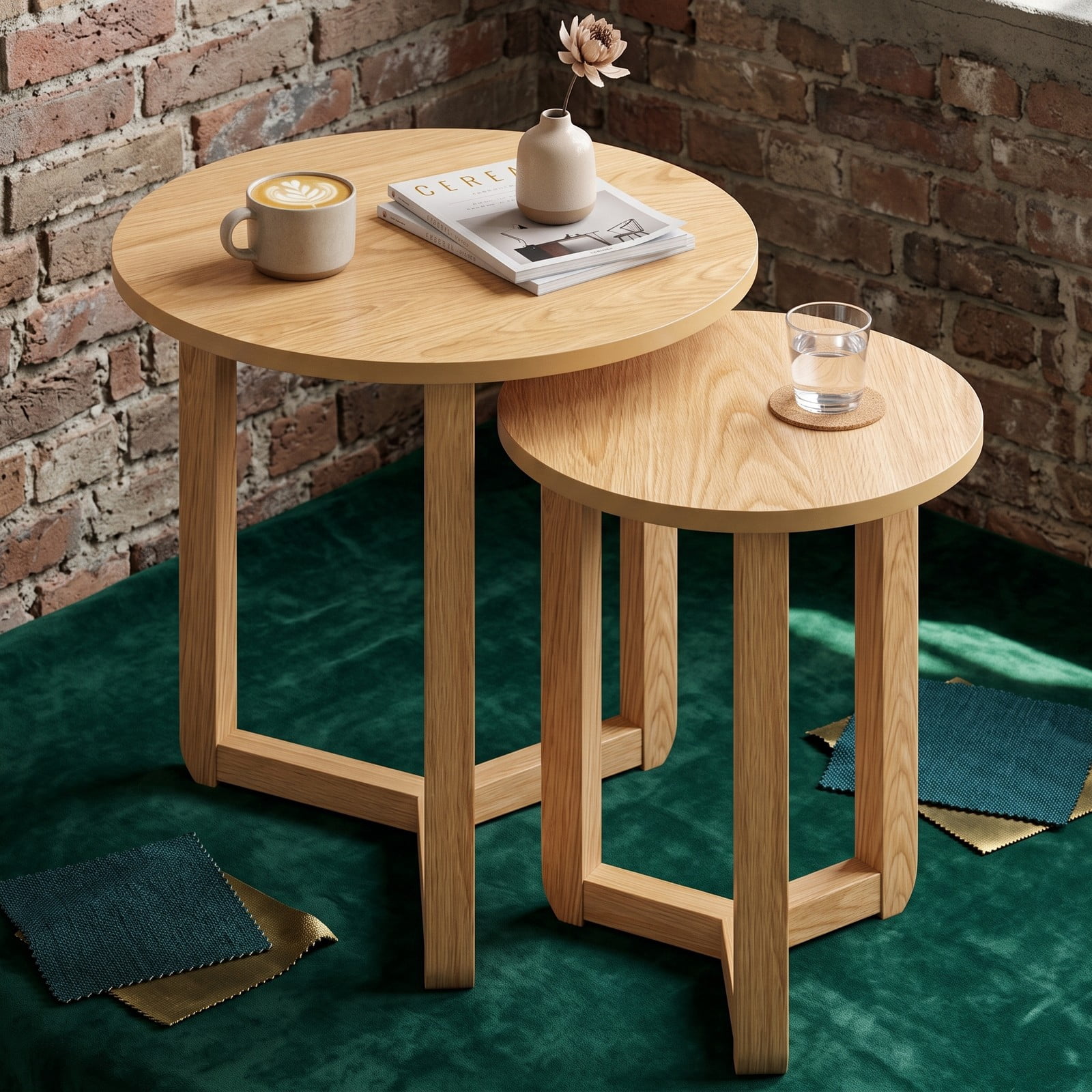 Furnibear Round Nesting Coffee Table Set of 2, Wood Nesting End Tables with Thickened Tabletop and Tripod Frame for Living Room, Space-Saving Side, Natural Walnut