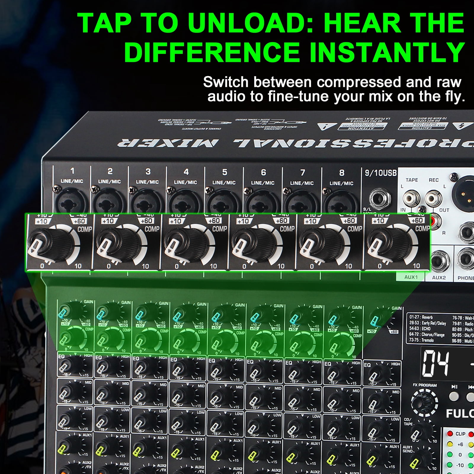 Audio Mixer 10 Channel Professional Sound Mixer Console with 99 DSP Effects, Mixing Board DJ Mixer w/USB, Bluetooth, 48V Power Supply, PAD Button for Recording Karaoke PA Drum Live Music