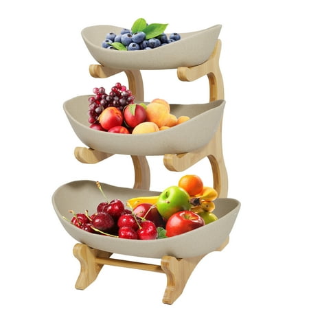 

Wuzstar 3 Tier Ceramic Fruit Basket Fruit Serving Tray with Bamboo Stand Vegetable Snacks Storage Holder Fruit Bowl Brown Color