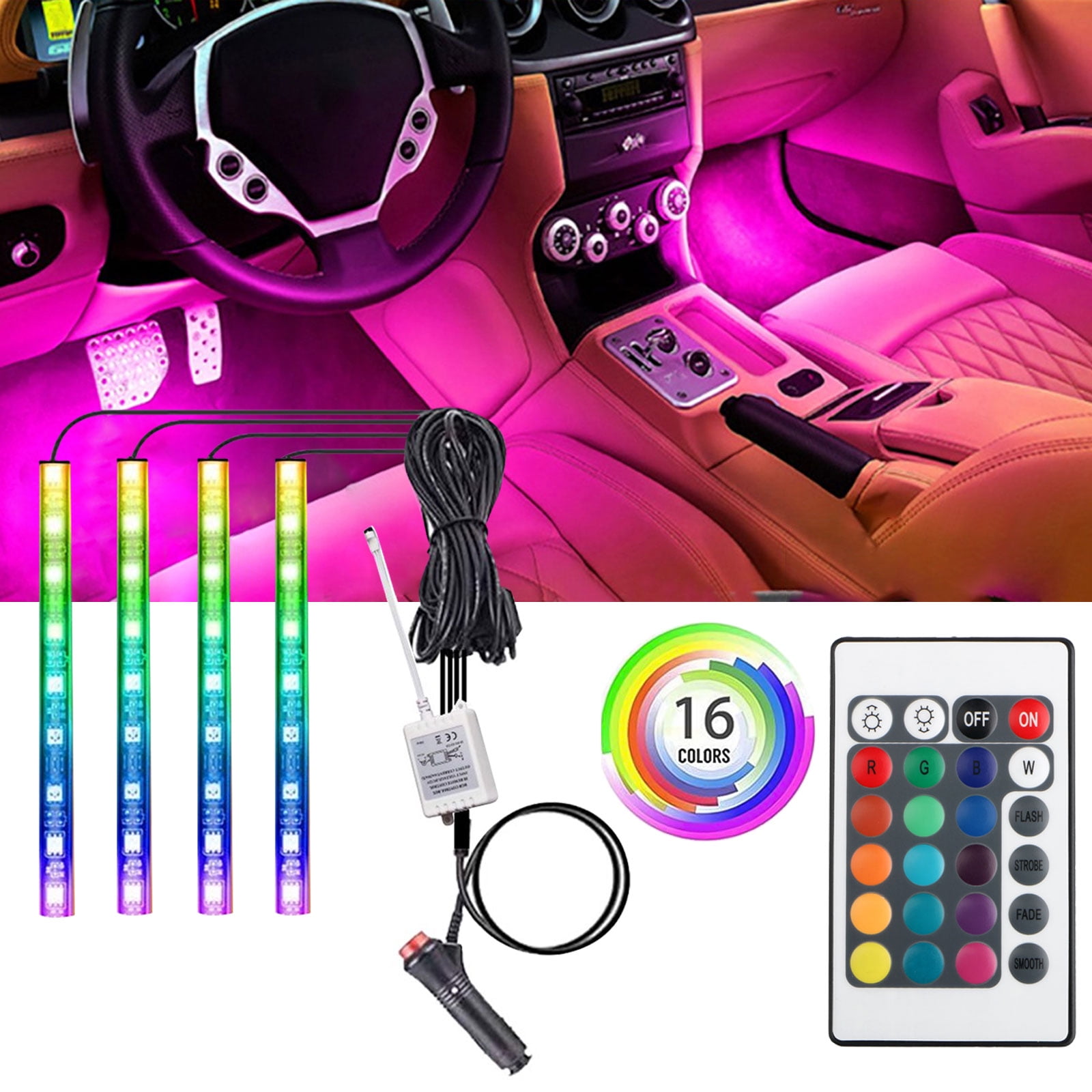 Nikou Car LED Strip Light 4Pcs DC 5V 48 LED Interior Lights Multicolor Music Car Atmosphere Light with Sound Active Function and Remote Controller 