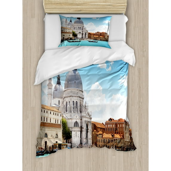 Venice Duvet Cover Set Twin Size, Grand Canal And Basilica Santa Maria Della Salute Italian Architecture, Decorative 2 Piece Bedding Set with 1 Pillow Sham, Blue White Pale Coffee, by Ambesonne