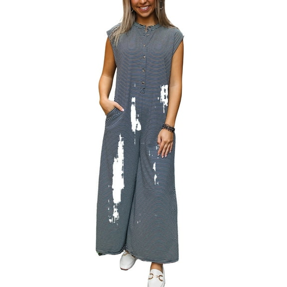 Women's Black and White Striped Print Buttoned Wide Leg Sleeveless Jumpsuit | [ZhiHiMeRi] | (US 12-14)L