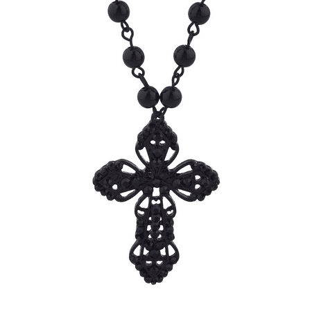 Lux Accessories Classic 80s Gothic Black Rosary Cross Beaded Pendant Necklace