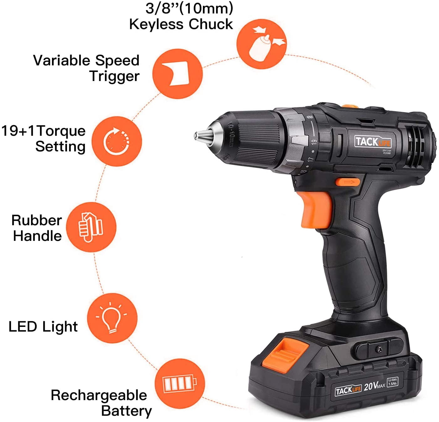 TACKLIFE 20V MAX Cordless Drill/Driver 