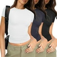 thumbnail image 2 of JFHHQ T-Shirt Basique Ajusté pour Femmes, Manches Courtes, Confort Décontracté, 3 Pcs, MNavy, 2 of 6