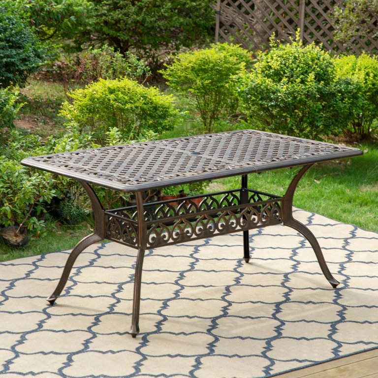 bronze rectangular patio table with umbrella hole Summit Living Cast Aluminum Outdoor Dining Rectangle Table with Umbrella  Hole for 6-Person, Antique Bronze