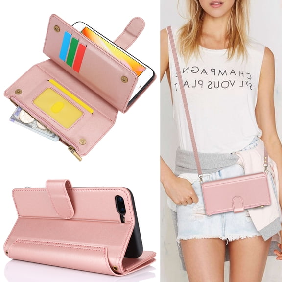 Allytechgroup Wallet Case for Apple iPhone 8 Plus/ 7 Plus,  Retro [1 Zipper Pocket   6 Cards Slots] Hand Wrist Shoulder Strap Stand Shockproof iPhone 8 Plus/ 7 Plus Cover Case for Girls Women,Rosegold