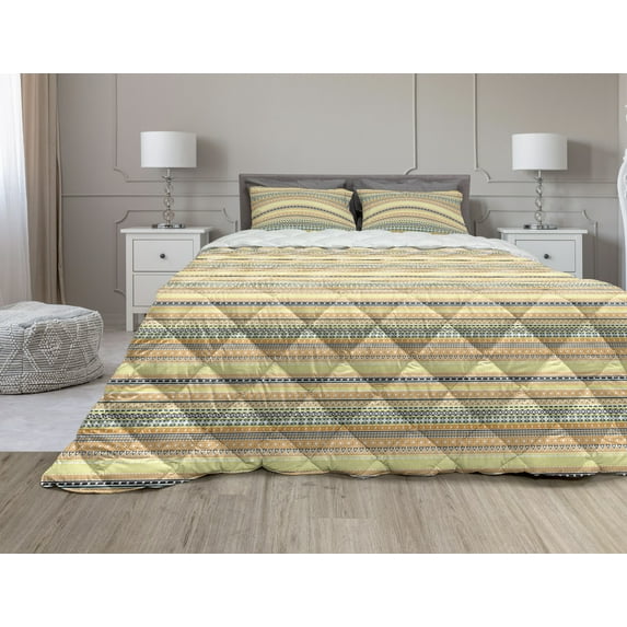 Bohemian Stripe Comforter & Sham Bedding Set, Floral and Geometrical Horizontal Lines Rhombus Triangles and Flowers, 3 pcs Duvet Set Microfiber Filling Quilt, 5 Sizes, Multicolor, by Ambesonne
