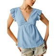 thumbnail image 2 of Women'S Lace Trimmed V Neck Ruffled Sleeve Flared Eyelet Tank Blouse Top Light Blue S, 2 of 7