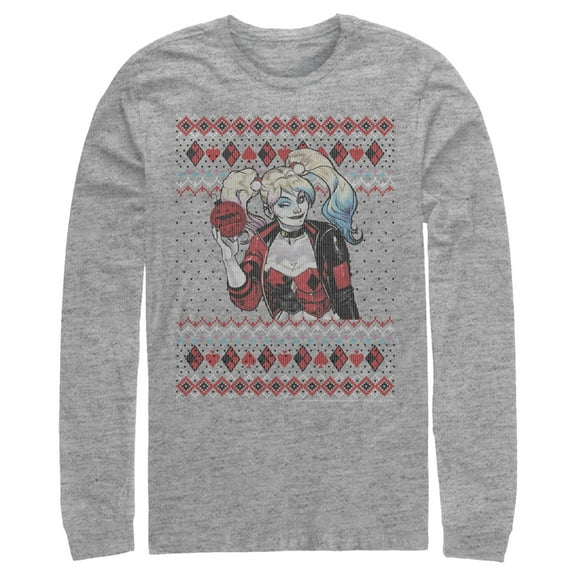 Men's Batman Ugly Christmas Harley Quinn Long Sleeve Shirt Athletic Heather Large