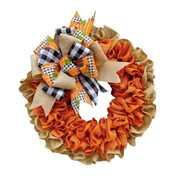 Fall Burlap Wreath, QIDESHIP, 15.75 Inch Autumn Wreath with Plaid Bows and Pumpkin for Front Door Farmhouse Thanksgiving Decor, Indoor Outdoor Fall Burlap Wreath for Halloween