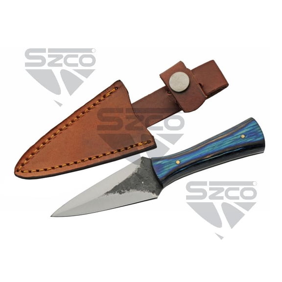 SZCO 6.5" Forged Arrowhead Outdoor Utility Tool with Carbon Steel Profile, Wood Handle, and Leather Storage Sheath