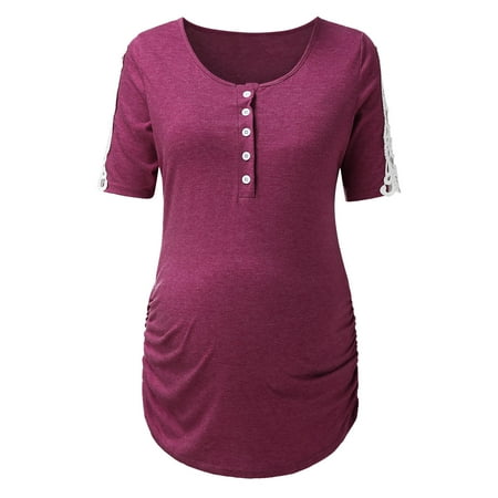 

HGWXX7 Maternity Clothing Womens Button Laee Patchwork Maternity Nursing Tops Breastfeeding Tank Top Shirt Double Layer Soft Short Sleeve Pregnancy Clothes
