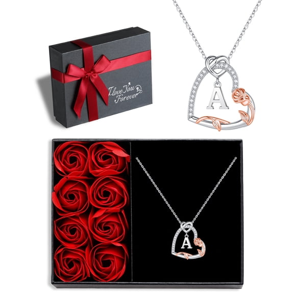 Iefil 925 Sterling Silver Rose Heart Initial Pendant Necklace, Women's Jewelry, Anniversary Birthday Gifts for Her, Female