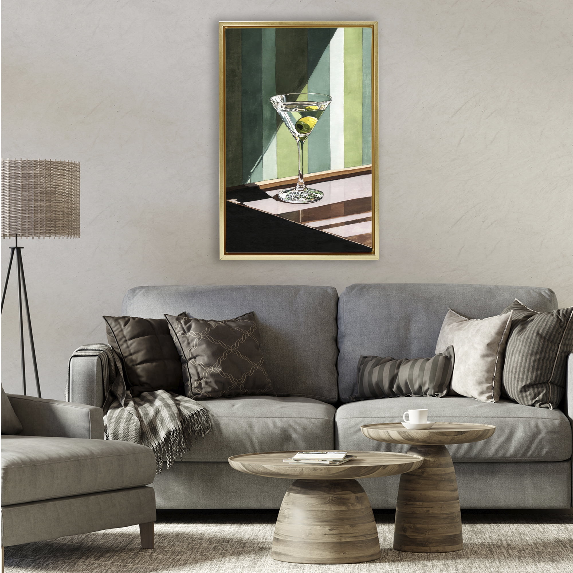 Stupell Industries Olive Martini in Sun Beam Gold Framed Floater Canvas Wall Art, design by Petal Prints Design