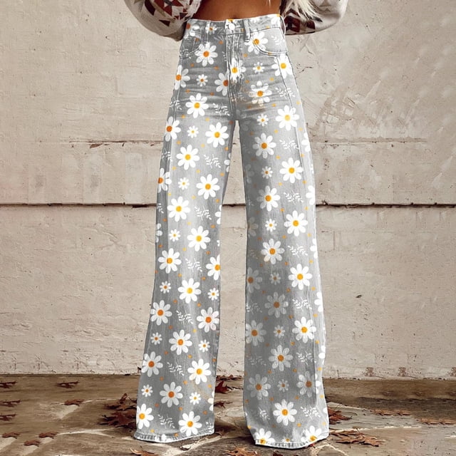 WILLBEST Pantalones Mujer Pantalones Vaqueros de Pierna Ancha para Mujer, de Cintura Alta, Con Estampado Floral de Los Años 90, Informales, Cómodos y Elásticos. 1003 Grande