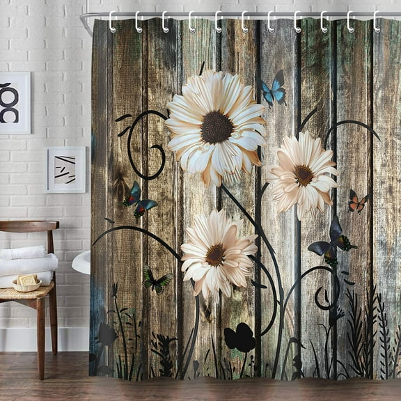 Rustic Shower Curtain Set Grey Brown Floral Fabric Farmhouse Bath Curtain 12 Hooks Butterfly Daisy American Country Farm Style Bath Accessories 72×72 Inches