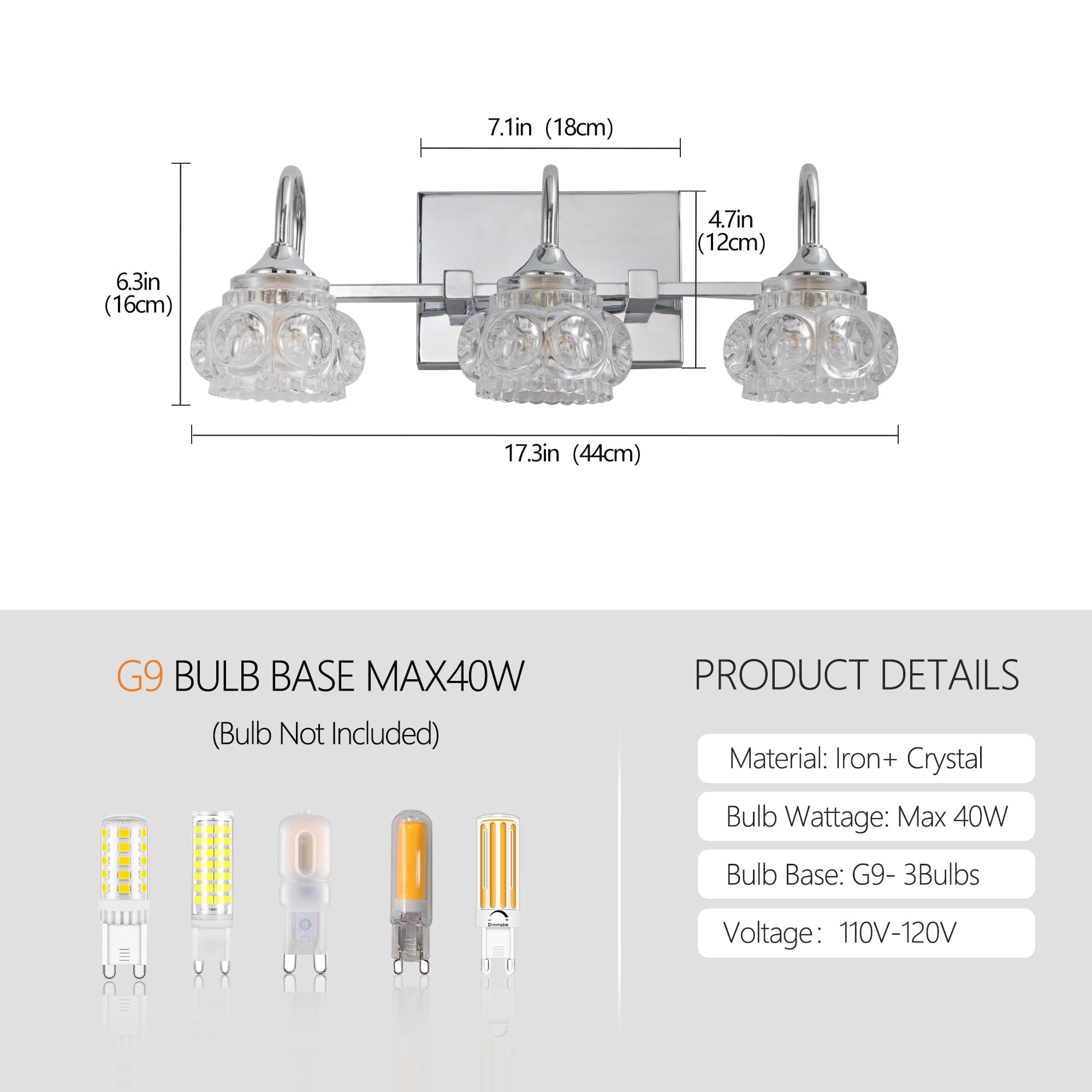 17" Nickel Finish Vintage Crystal Vanity Light - Elegant 3-Light Bathroom Mirror Fixture with Clear Glass Shades (No Bulbs)